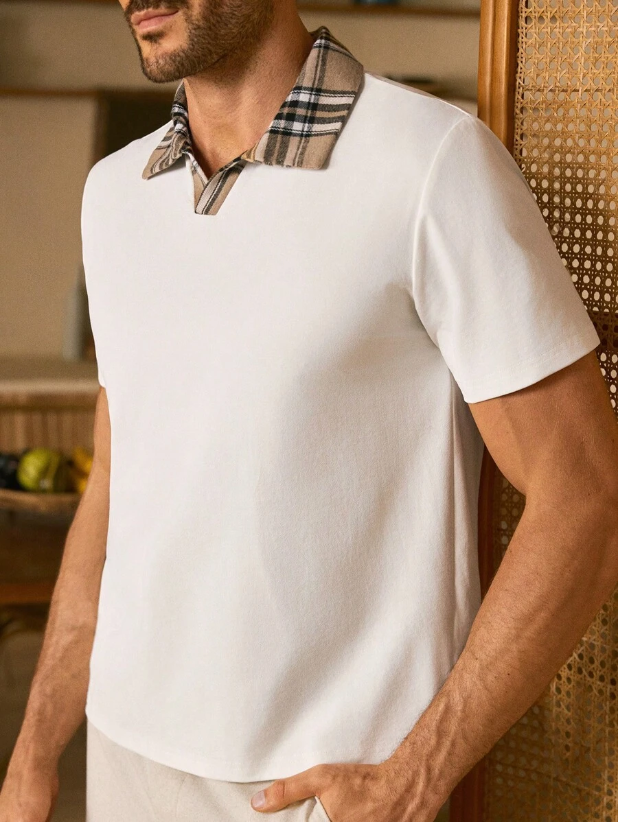 Manfinity VCAY 男士休闲针织拼接梭织格子领宽松落肩短袖Polo衫