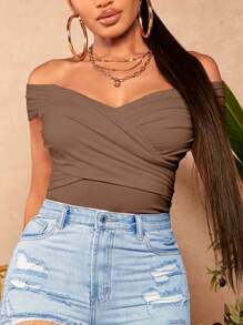 SHEIN SXY Plus Size Women's Black Off Shoulder Twist Front T-Shirt, Tight Fit, Spring/Summer