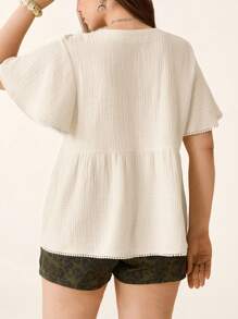 SHEIN LUNE Plus Size Summer Women's Cozy Fit Apricot Slouchy Casual Style Renaissance Fair Puff Sleeve Boho Blouse Relaxed Bohemian Blouse, Summer Short Sleeve Simple Casual Everyday Blouse Casual Vacation Mother's Day Gift Mama Mother Day Boho Blouse - Apricot - View 2