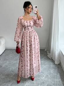 Modelyn 女式优雅竖条纹方领收腰 A 字连衣裙，春夏