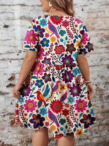 SHEIN CURVE+ Plus Size Casual Peter Pan Collar Shift Dress, Curve Plus, Boho Vacation - Multicolor - View 3