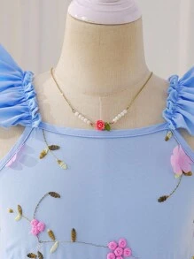 SHEIN Glamorique Kids Rochie de petrecere prințesă cu ochiuri de plasă brodate cu mâneci cu volane cu bretele spaghete elegante pentru fete, potrivită pentru sărbători, petreceri, zile de naștere, vacanțe, vară