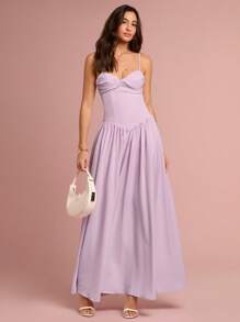 Enchnt 春夏浪漫女士淡紫色胸前扭结细肩带长裙，甜美优雅，适合度假、约会、节日、派对、毕业典礼、婚礼嘉宾和海滩，舞会礼服，女士夏季连衣裙，女士太阳裙，夏季服装，优雅的派对连衣裙 - 粉色 - 查看 4