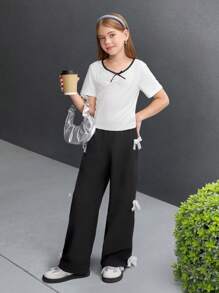 Conjunto de 2 piezas de pantalones rectos con lazo en el cuello y adorno de encaje para niña, look casual elegante