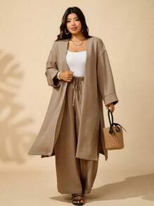 Sunserae 大码女式两件套休闲长袖宽松开衫和阔腿裤，适合所有季节 - 卡其色 - 查看 3