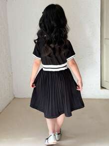 Young Girl Summer Fashion Pony Embroidery Striped Patchwork Polo Collar Half-Placket Short Sleeve Dress - Black - View 3