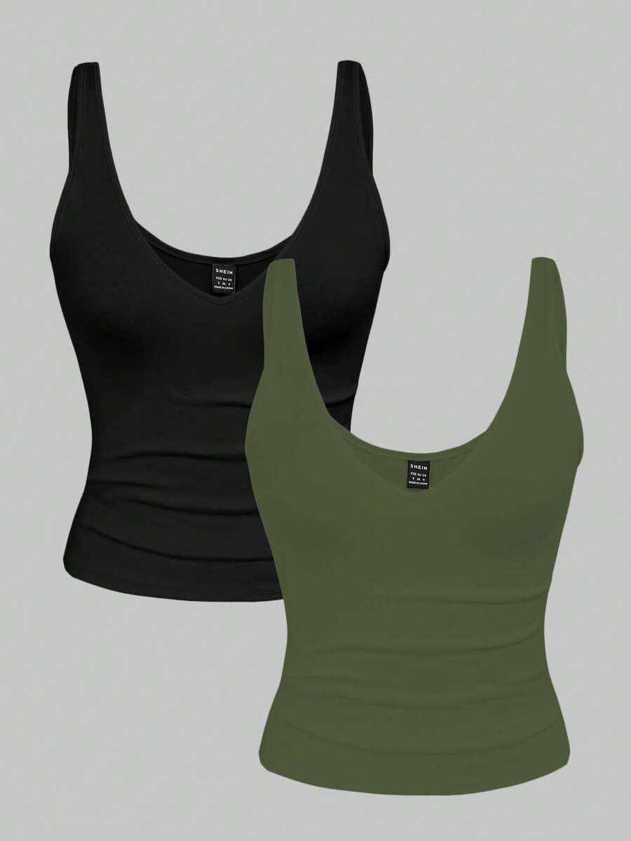 INAWLY Set de 2 piezas de camisetas de tirantes ajustadas de verano para mujer, con estampado de leopardo y unicolor con escote en V - Multicolor - Ver 1