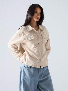 SHEIN EZwear Apricot Flap Pocket Button Front Corduroy Jacket In Fall/Winter - Apricot - View 3