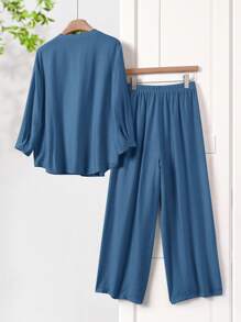 Rusticease 2pcs Women Summer Fashion Long Sleeve Shirt & Pants Set - Teal Blue - View 2