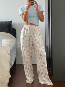 DAZY 2 件女士蓝莓樱桃印花宽松裤和纯色短袖上衣睡衣套装 - 藍色 - 查看 5