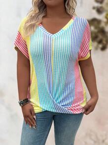 EMERY ROSE Plus Size Women's Casual V-Neck Rainbow Color Hem Twist Knot Design Short Sleeve T-Shirt, Slimming - Multicolor - View 8