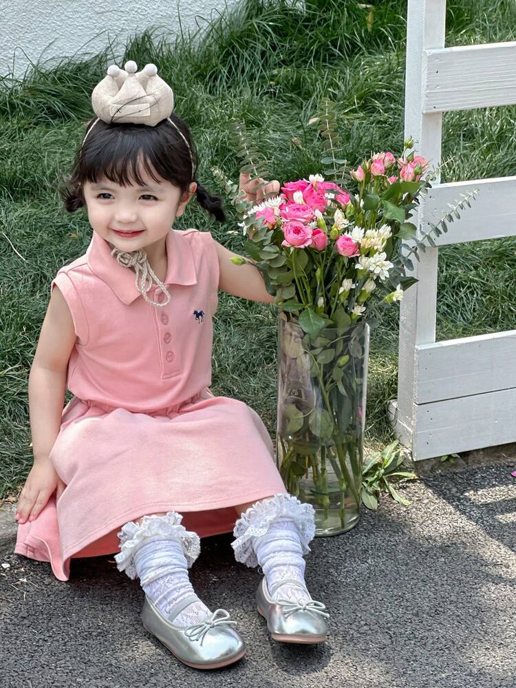 Toddler Girls Polo Collar Cartoon Embroidery Sleeveless Top & Solid Color Casual Skirt Set