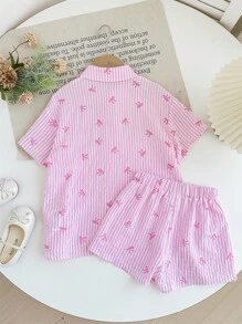Bộ 2 áo sơ mi kẻ sọc dệt trang trí nơ + quần short rộng rãi, thích hợp cho các buổi đi chơi, tiệc tùng, mua sắm cho các bé gái - Hồng - Xem 3