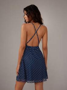 TRNVIE Romantic Asymmetrical Camisole Backless Polka Dot Mesh Mini Dress, Suitable For Spring/Summer Vacation - Navy Blue - View 2