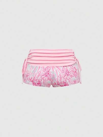 J-Fashion Y2K Beach Vacation Coconut Girl Print Low Waist Super Short Drawstring Pink Hibiscus & Leopard Print Shorts For Women