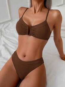 Swim Lushoire 女士休闲条纹纹理泳衣套装 - 鏽棕色 - 查看 1