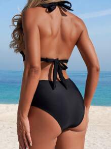 Swim Lushoire 2 件套黑色扭结露背褶饰度假性感比基尼泳装女式春夏 - 黑色 - 查看 7