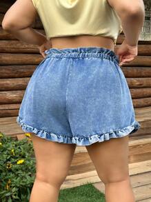 SHEIN MOD Plus Size Women's Casual Loose Ruffled Denim Shorts, Blue - Light Wash - View 2