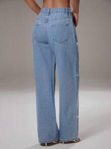 Avantive 俱乐部派对女士毕业办公室西装女士浅蓝色直筒牛仔裤，水钻牛仔裤