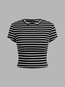 SHEIN EZwear 4 件套休闲简约纯色百搭字母和地理设计圆领短袖短款修身女式 T 恤适合夏季、海滩度假、春假、女生旅行 - 彩色 - 查看 8