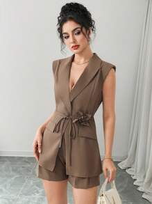 Modelyn 女士休闲无袖薄款西装外套，夏季 - 卡其色 - 查看 4