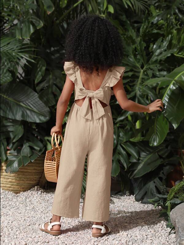 SHEIN Kleine Mädchen Loser Jumpsuit mit Weben, einheitliche Farbe, Volants und ärmelloser Passform