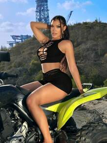 SHEIN SXY Summer Low-Rise Women's Sexy Mesh Splice Leggings - Black - View 5