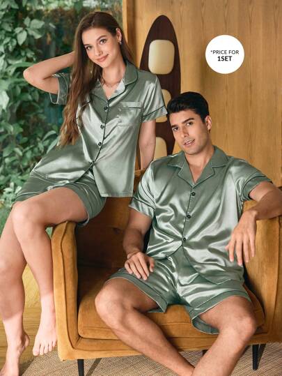 SHEIN Men's Solid Color Satin Short Sleeve & Shorts Sleepwear Pajama Set, Summer