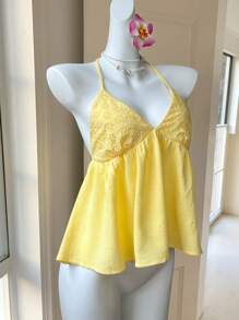 Comfortcana Women's Butter  Yellow Linen V-Neck Halter Neck Tank Top For Summer Vacation - Yellow - View 4