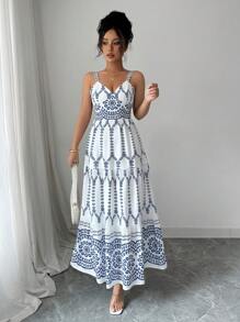 Elenzga 夏季女士细肩带收腰 A 字型优雅佩斯利印花连衣裙