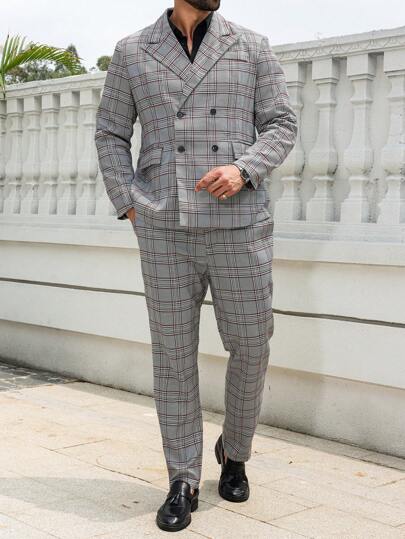 Manfinity Mode Plus Size Men's Plaid Lapel Neck Long Sleeve Blazer And Pants Suit Set