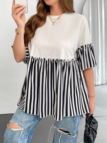 SHEIN Essnce 大码女式夏季上衣、女式娃娃上衣、条纹拼布上衣、户外上衣、修身上衣 - 白色 - 查看 4