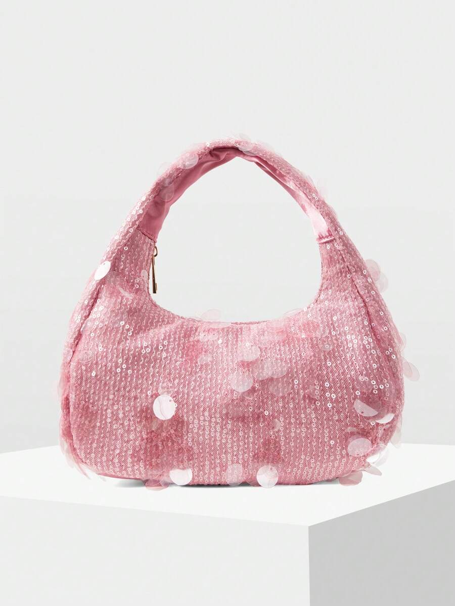 MOTF PREMIUM SEQUIN PATCHWORK ZIPPER TOP HANDLE BAG - Pink - View 1