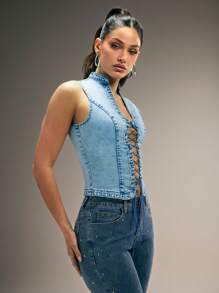 Denimoi Denim Top Open Front O-Ring Lace Up Sleeveless Top Denim On Denim Summer Outfits For Women Summer Style Concert Outfits Sexy Top - Light Wash - View 4