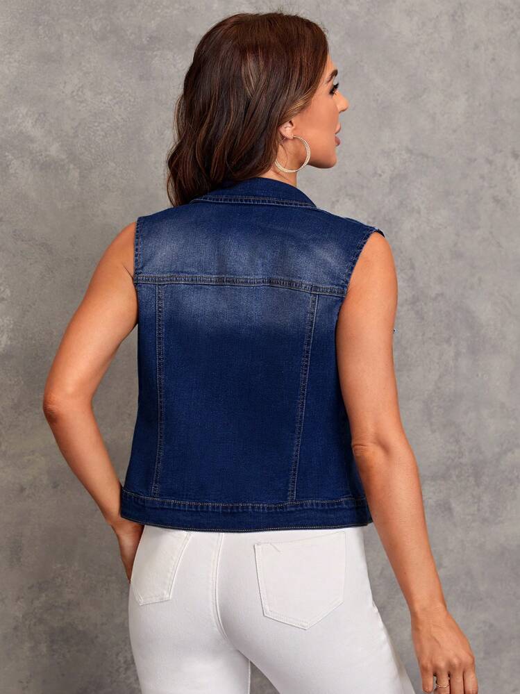 EMERY ROSE Chaqueta vaquera sin mangas desgastada para mujer - Azul lavado oscuro - Añade 2