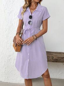 EMERY ROSE 女士度假休闲条纹纽扣前中长连衣裙
