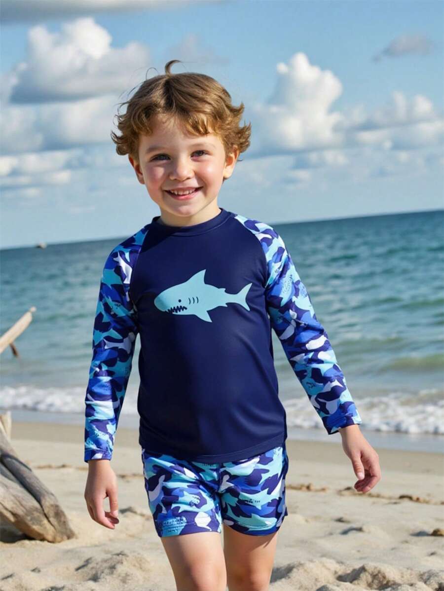 SHEIN Young Boy Cartoon Shark Print Swimsuit Set , Suitable For Beach Swimming