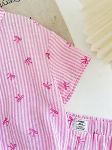 Bộ 2 áo sơ mi kẻ sọc dệt trang trí nơ + quần short rộng rãi, thích hợp cho các buổi đi chơi, tiệc tùng, mua sắm cho các bé gái - Hồng - Xem 6