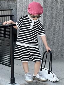 DAZY 2pcs/Set Boy (Small) Stripe Print Crew Neck Knitted T-Shirt And Knitted Stripe Shorts Outfit, Summer - Black and White - View 6