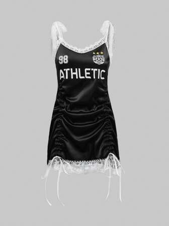 ROMWE Avant Robe lanterne avec cordon de serrage et garniture en dentelle style Y2K