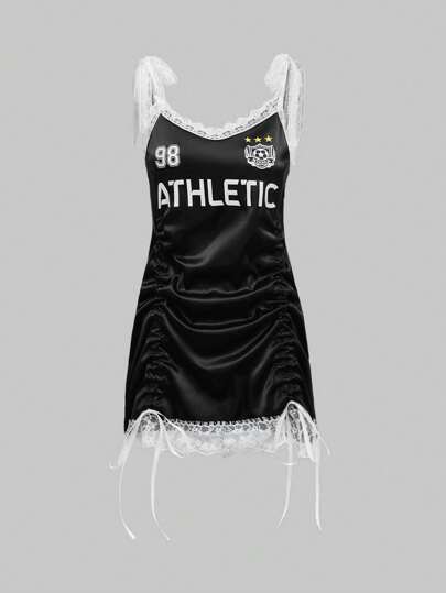 ROMWE Avant Vestido de linterna con cordón y ribete de encaje, estilo Y2K