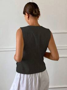 DAZY Women's Solid Color Fitted V-Neck Sleeveless Blazer Linen,Fall Clothes Business Attire - Dark Grey - View 2