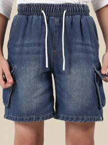 SUMWON Kid's Summer Denim Cargo Shorts Cotton Jean Drawstring Waist Casual Sport Everyday Loose Fit Outdoor Adventure Play Comfort