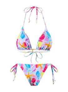 Swim Oasis Women 3pcs Starfish Print Strappy Bikini Set With Cover Up Skirt, Bikini Set Suit For Summer Beach Vacation Pool Party, 25SS