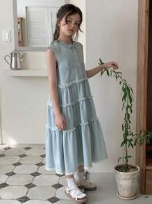 Hapijoa 女童无袖圆领牛仔连衣裙，夏季 - 淺色水洗藍 - 查看 4