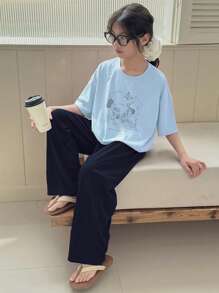 DAZY 青少年女孩秋季服装，青少年女孩圆领针织印花短袖 T 恤 + 长裤睡衣套装，春夏季，返校服装