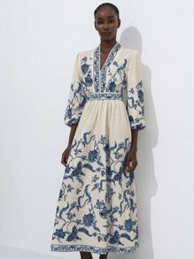 Aveloria Modichic Women's Loose V-Neck Puff Sleeve Floral Print Maxi Dress, Waist Cinched With Colorblock Floral Prints, Casual Holiday Style - Multicolor - View 6