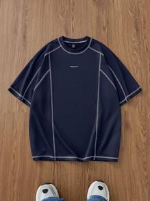 Manfinity VCAY 男士针织休闲日常年轻宽松短袖T恤，夏季，上学，情侣装 - 藏蓝色 - 查看 4