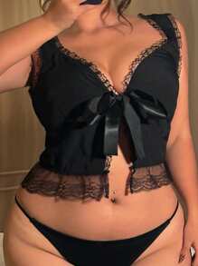 Dazy Plus Plus Size Contrast Lace Up Cropped Open Front Black Camisole And Tank Top Going Out Tops Vacation - Black - View 4