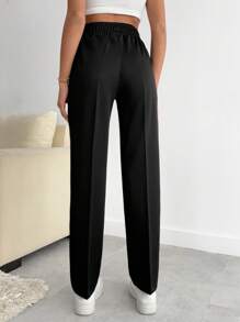 SHEIN Tall 女式高码纯色褶皱细节裤 - 黑色 - 查看 2